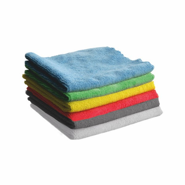 Ein Stapel von sechs Arcora SUPER-LINE MICROFASERTUCH 32 x 32 cm der Arcora International GmbH in den Farben blau, grün, gelb, rot, grau und weiß ist auf weißem Untergrund übersichtlich angeordnet und sorgt für eine streifenfreie Oberflächenreinigung.