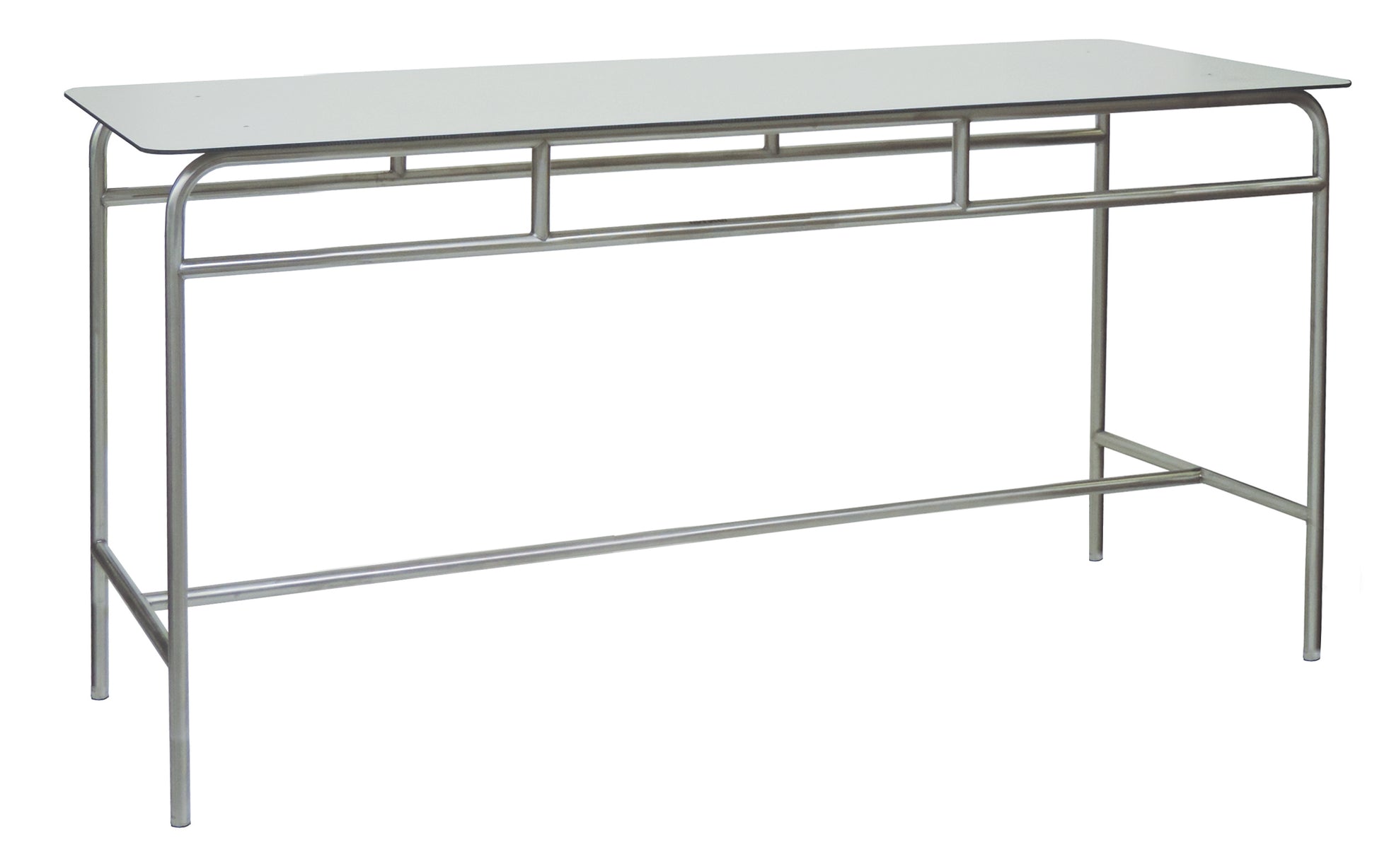 Der Novocal Arbeits- und Ablegetisch zeichnet sich durch ein elegantes Edelstahlgestell und eine weiße Vollkernarbeitsplatte aus. Er bietet einen minimalistischen Stil und ist praktisch - ideal als Konsolentisch vor einem weißen Hintergrund.