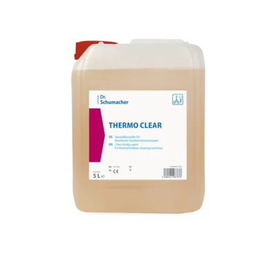 Ein 5-Liter-Kanister der Dr. Schumacher GmbH THERMO CLEAR mit rotem Deckel und Produktinformationsetikett, konzipiert für die hygienische Reinigung.