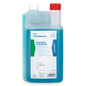 The 1-liter plastic bottle of Dr. Schumacher GmbH Biguanid Surface NR Surface Disinfection is equipped with a red cap, a white measuring cap, blue liquid, and a multilingual label with instructions for disinfecting medical surfaces.