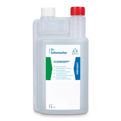 Eine 1-Liter-Flasche Dr. Schumacher Cleanisept® Flächendesinfektion und Reinigung der Dr. Schumacher GmbH mit weißem Korpus, rot-weißem Verschluss und blau-grünem Etikett für die effektive Reinigung von Medizinprodukten.