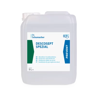 Transparenter 5-Liter-Kunststoffbehälter von Dr. Schumacher Descosept Spezial Schnelldesinfektion der Dr. Schumacher GmbH mit mehrsprachigem Text, blauem "PREVENT"-Streifen, weißem Deckel und alkoholfreiem Etikett auf hellem Hintergrund.