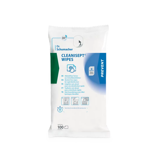 Eine weiße Packung der Dr. Schumacher GmbH Cleanisept Wipes Schnelldesinfektion mit blauen und grünen Akzenten, mit Produktinformation, Anwendungsbildern und 100 alkoholfreien Desinfektionstüchern für medizinische Geräte.