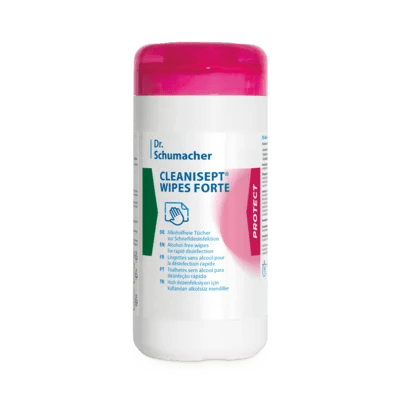 A white Dr. Schumacher Cleanisept® Wipes Forte dispenser with a pink lid, containing 100 surface disinfection wipes, displays the label text in English and German. Brand: Dr. Schumacher GmbH.