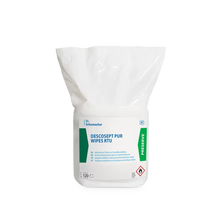 The white plastic packaging of the Dr. Schumacher Descosept Pur Wipes RTU Disinfection Wipes (120 pieces) by Dr. Schumacher GmbH has blue and green accents as well as safety and usage instructions for rapid disinfection on the packaging.