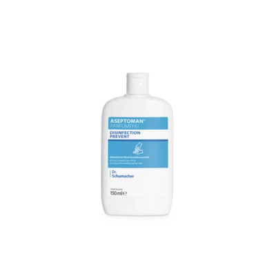 Eine weiße 150-ml-Flasche Dr. Schumacher Aseptoman® parfümfrei Händedesinfektion der Dr. Schumacher GmbH mit blauem Etikett und weißem Verschluss steht aufrecht auf einem schlichten hellgrauen Hintergrund.