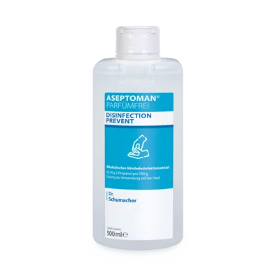 Eine klare 500 ml Flasche Dr. Schumacher Aseptoman® parfümfrei Händedesinfektion der Dr. Schumacher GmbH, ein alkoholisches, parfümfreies Händedesinfektionsmittel für die hygienische Händedesinfektion, mit blau-weißem Etikett.