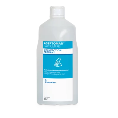 A clear 1-liter bottle of Dr. Schumacher Aseptoman® perfume-free hand sanitizer from Dr. Schumacher GmbH with a blue-white label with text and hand symbol.
