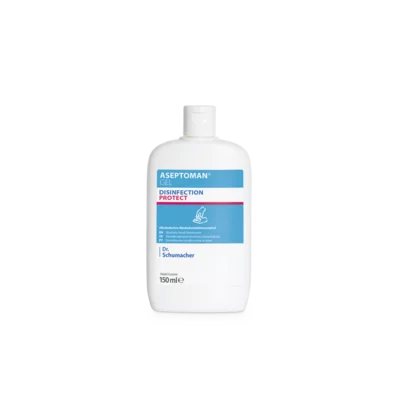 Abgebildet ist eine weiße 150-ml-Flasche des Aseptoman® Gel Händedesinfektionsgels der Dr. Schumacher GmbH vor einem unifarbenen, hellen Hintergrund mit einem blau-weiß-rosa Etikett mit Marken- und Produktangaben.