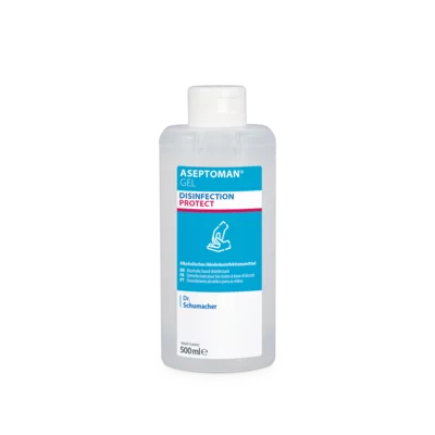Die klare 500-ml-Kunststoffflasche von Dr. Schumacher GmbH Aseptoman® Gel Händedesinfektionsgel ist mit einem blau-weißen Etikett mit roten Akzenten und einem Handsymbol auf der Vorderseite versehen.