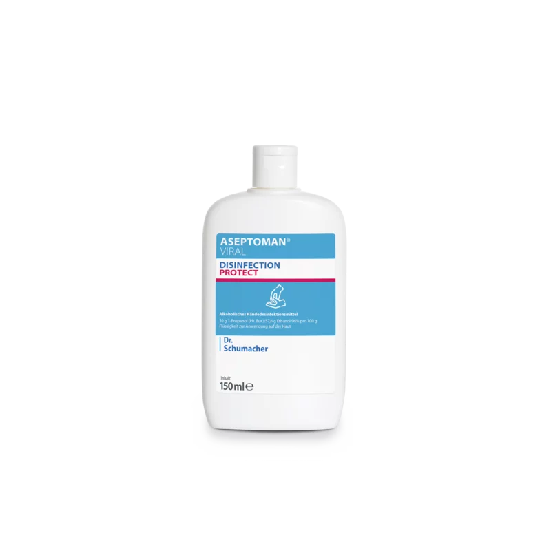 Eine weiße Kunststoffflasche der Dr. Schumacher Aseptoman® Viral Händedesinfektion der Dr. Schumacher GmbH mit blauen und rosafarbenen Akzenten, die 150 ml des hautfreundlichen viruziden Händedesinfektionsmittels enthält, dargestellt auf einem schlichten weißen Hintergrund.