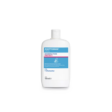 Eine weiße Kunststoffflasche der Dr. Schumacher Aseptoman® Viral Händedesinfektion der Dr. Schumacher GmbH mit blauen und rosafarbenen Akzenten, die 150 ml des hautfreundlichen viruziden Händedesinfektionsmittels enthält, dargestellt auf einem schlichten weißen Hintergrund.