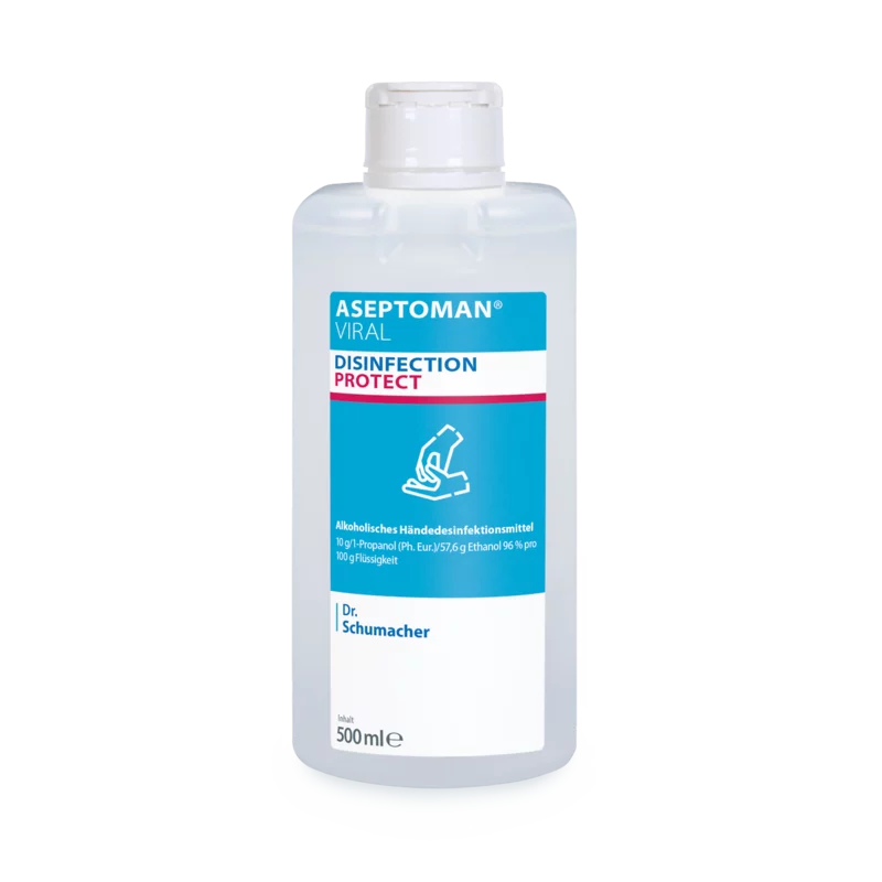 Eine 500-ml-Klarsichtflasche mit der Aufschrift "Dr. Schumacher Aseptoman® Virale Händedesinfektion" im blau-rosa-weißen Design enthält das alkoholhaltige Händedesinfektionsmittel der Dr. Schumacher GmbH.