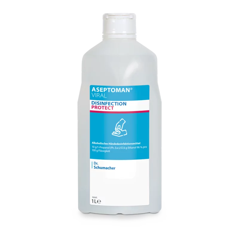Die Dr. Schumacher Aseptoman® Virale Händedesinfektion der Dr. Schumacher GmbH in der 1-Liter-Kunststoffflasche mit blau-weißem Design und Flip-Top-Verschluss ist als viruzides und hautfreundliches Händedesinfektionsmittel gekennzeichnet.
