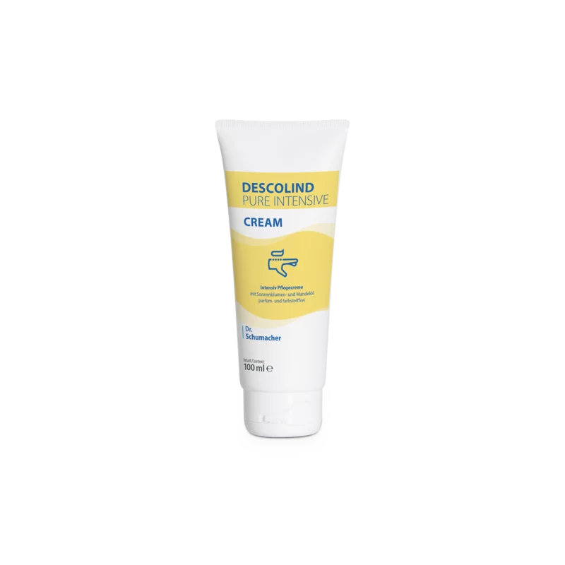 Eine 100-ml-Tube Dr. Schumacher Descolind Pure Intensivcreme der Dr. Schumacher GmbH, eine parfümfreie Intensivpflegecreme für empfindliche und trockene Haut mit gelb-weißem Etikett, steht aufrecht vor einem weißen Hintergrund.