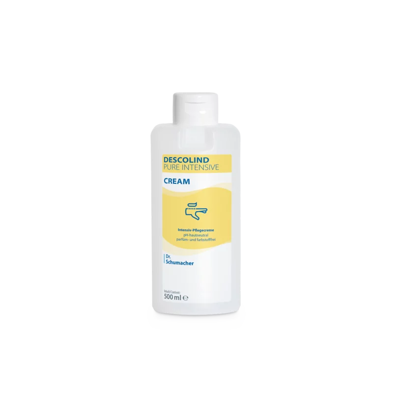Pictured is a white 500-ml plastic bottle of Dr. Schumacher Descolind Pure Intensive Cream by Dr. Schumacher GmbH, unscented and suitable for sensitive skin, with a yellow-blue label showing a hand symbol, on a plain white background.