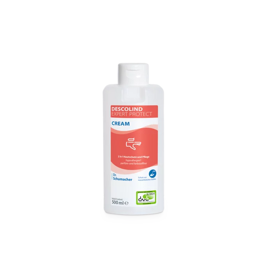 Eine weiße 500-mL-Flasche der Dr. Schumacher Descolind Expert Protect Cream Hautschutzcreme der Dr. Schumacher GmbH mit rot-weißem Etikett, ideal für allergiegefährdete Hände, steht vor einem hellen Hintergrund.