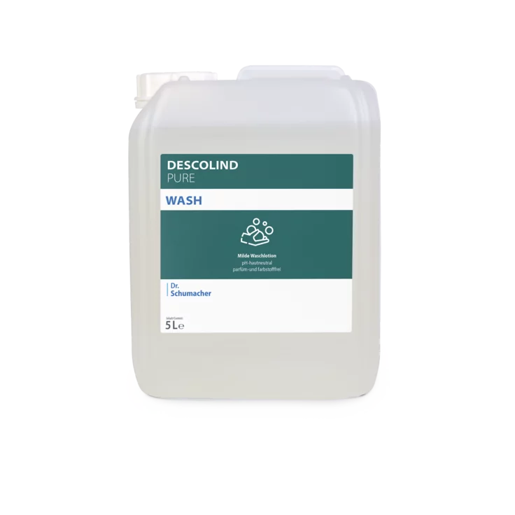 Ein 5-Liter-Behälter der Dr. Schumacher Descolind Pure Wash Waschlotion der Dr. Schumacher GmbH aus klarem Kunststoff mit einem teal-weißen Etikett, auf dem eine Ikone mit gewaschenen Händen abgebildet ist; diese Waschlotion ist parfümfrei.