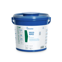 The Dr. Schumacher DESCO WIPES SMALL BUCKET is a blue plastic bucket from Dr. Schumacher GmbH for disinfectant wipes with a sealed lid, handles, and a label with product information, application instructions, and a blue-green graphic.