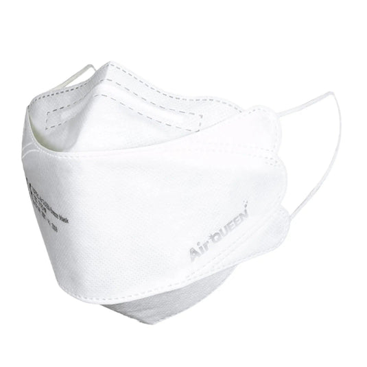 The Air Queen CE2163 particulate-filtering face mask features a white design with visible ear loops and the text “Air QUEEN” printed on the side. It is made of flexible, breathable material and is equipped with a nanofiber filter.