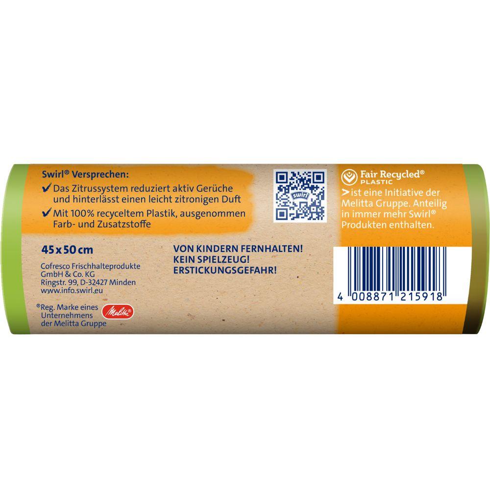 Eine Nahaufnahme zeigt den Swirl Aktive Frische Müllbeutel 20l von Melitta mit Zitrussystem für frischen Duft, hergestellt aus 100 % recyceltem Kunststoff. Die deutsche Verpackung enthält Sicherheitshinweise und einen Barcode auf braun-grünem Hintergrund. (12 Beutel pro Rolle).