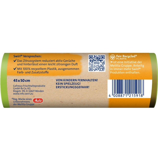 Eine Nahaufnahme zeigt den Swirl Aktive Frische Müllbeutel 20l von Melitta mit Zitrussystem für frischen Duft, hergestellt aus 100 % recyceltem Kunststoff. Die deutsche Verpackung enthält Sicherheitshinweise und einen Barcode auf braun-grünem Hintergrund. (12 Beutel pro Rolle).