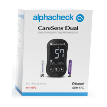 A box of Alphacheck CareSens DUAL blood glucose meter combo pack | Package (1 piece) by Berger Med GmbH, tailored for diabetes management, presented in white and light blue packaging. The box features a black blood glucose meter with a display showing “57”. It also includes two test strips, Bluetooth capability, and the labels “combo pack” and “mmol/L”, ideal for blood glucose and β-ketone measurement.