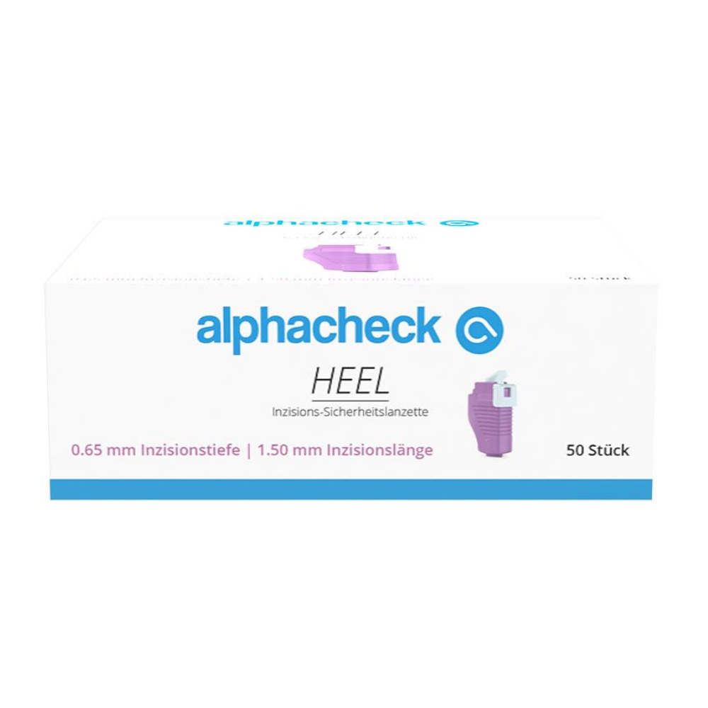 Eine Schachtel Alphacheck HEEL Inzisions-Sicherheitslanzetten, verschiedene Größen von Berger Med GmbH ist für die kapillare Blutgewinnung bestimmt. Die hauptsächlich weiße Schachtel weist einen blauen und violetten Text mit einem kleinen Lanzettenbild auf der rechten Seite auf und gibt eine Inzisionstiefe von 0,65 mm und eine Inzisionslänge von 1,50 mm an. Sie enthält 50 Stück.