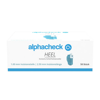 A box of Alphacheck HEEL incision safety lancets, various sizes from Berger Med GmbH, is intended for capillary blood collection. The white box with blue text shows the image of a lancet and indicates in the lower right corner '1.00 mm cut depth' and '2.50 mm cut length' as well as '50 pieces'. The text is in German.