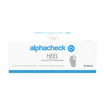 A plain white box labeled 'Alphacheck HEEL incision safety lancets, various sizes' from Berger Med GmbH, with a small image of a medical product on the right side. The German text includes '1.50 mm incision depth' and '3.00 mm incision length' as well as '50 pieces', indicating a quantity of 50 safety lancets for capillary blood collection.
