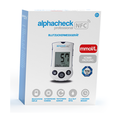 A box of Alphacheck Professional NFC blood glucose meter combo pack | Pack (1 piece) for effective diabetes management. The brand name and features of the device are indicated on the box, including mmol/L unit, illuminated display, automatic coding, test strip ejection, 500 memory slots, and multilingual support. The brand name is Berger Med GmbH.