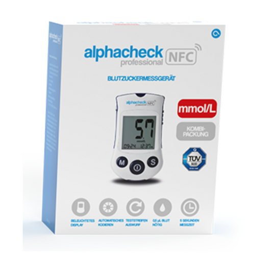 Eine Schachtel Alphacheck Professional NFC Blutzuckermessgerät Kombipackung | Packung (1 Stück) für effektives Diabetesmanagement. Der Markenname und die Funktionen des Geräts sind auf der Schachtel angegeben, einschließlich mmol/L-Einheit, beleuchtetem Display, automatischer Kodierung, Teststreifenauswurf, 500 Speicherplätze und mehrsprachiger Unterstützung. Der Markenname ist Berger Med GmbH.