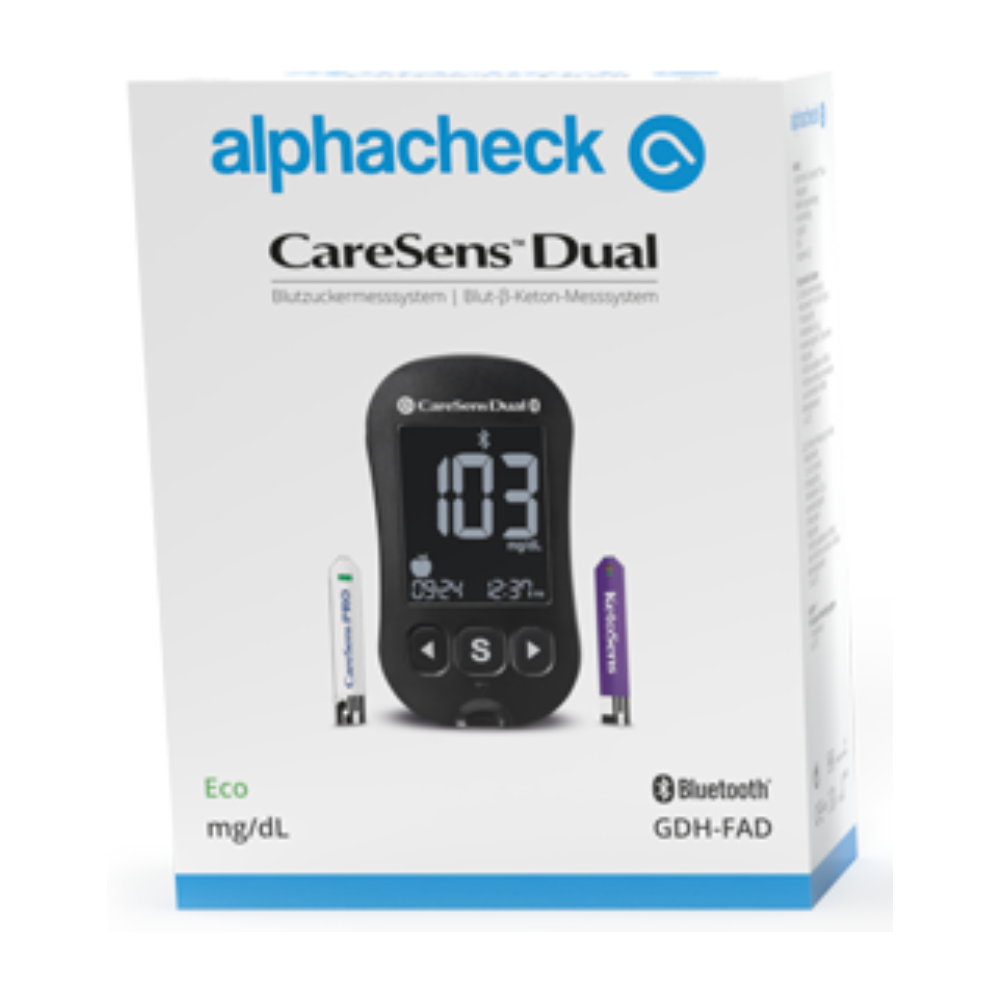 The image shows the packaging of an Alphacheck CareSens DUAL blood glucose meter eco | Pack (1 piece). On the front, the brand name Berger Med GmbH is at the top, a picture of the meter with the display "103 mg/dL" and the time "09:24". Symbols indicate Bluetooth connectivity and GDH-FAD technology.