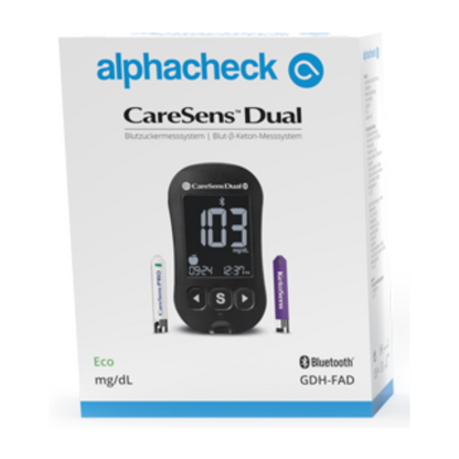 The image shows the packaging of an Alphacheck CareSens DUAL blood glucose meter eco | Pack (1 piece). On the front, the brand name Berger Med GmbH is at the top, a picture of the meter with the display "103 mg/dL" and the time "09:24". Symbols indicate Bluetooth connectivity and GDH-FAD technology.