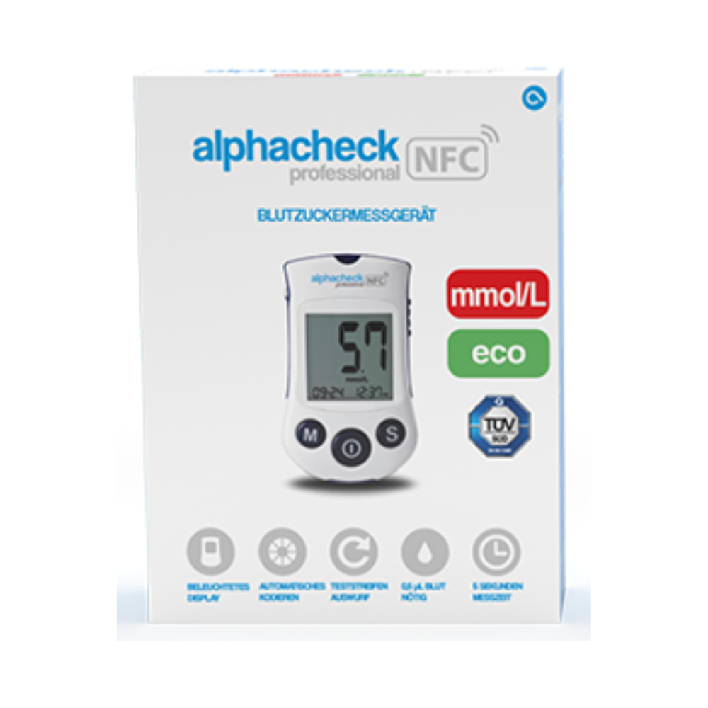 Schachtel mit Alphacheck Professional NFC Blutzuckermessgerät eco | Packung (1 Stück) von Berger Med GmbH. Die Schachtel zeigt ein Bild des Geräts mit einem Messwert von 5,7 mmol/L. Zu den hervorgehobenen Funktionen gehören ein hintergrundbeleuchtetes Display, codierungsfreier Betrieb, NFC-Fähigkeit und eine 5-Sekunden-Messzeit für ein effizientes Diabetesmanagement.