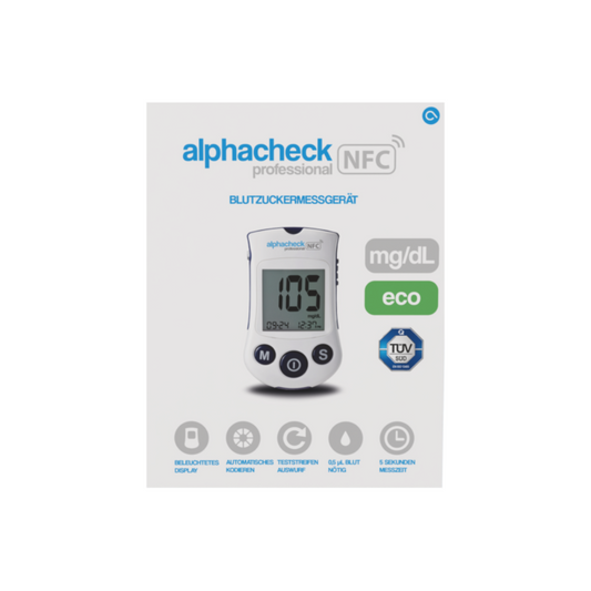 Bild der Vorderseite der Verpackung für „Alphacheck Professional NFC Blutzuckermessgerät eco | Packung (1 Stück)“ von Berger Med GmbH. Die Verpackung verfügt über eine digitale Anzeige mit einem Messwert von 105 mg/dL. Etiketten heben Funktionen wie Bluetooth-Anzeige, automatische Kodierung und Testspeicher für optimales Diabetesmanagement hervor.
