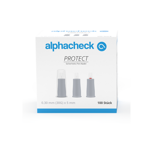 Eine Schachtel mit der Aufschrift „Alphacheck PROTECT Sicherheits-Pen-Nadeln, verschiedene Größen“ von Berger Med GmbH für das Diabetesmanagement. Die Schachtel zeigt Bilder von drei Pen-Nadeln und gibt die Spezifikationen an: 0,30 mm (30G) x 5 mm, geeignet für Insulin-Injektionen. Die Schachtel enthält 100 Stück.