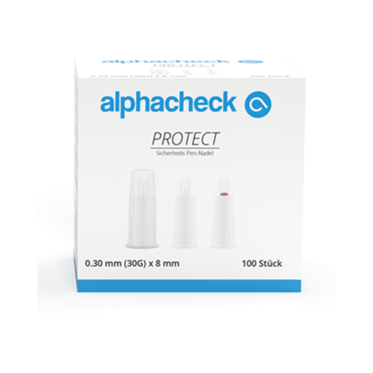 A white box with blue text reading "Alphacheck PROTECT safety pen needles, various sizes" and "Safety pen needle." The box, intended for insulin injections, contains 100 pieces of 0.30 mm (30G) x 8 mm safety pen needles. On the front of the box, three safety pen needles are depicted in various stages of assembly. Brand name: Berger Med GmbH