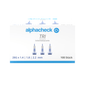 Pictured is a box labeled "Alphacheck TRI Safety Lancets 28G | Pack (100 pieces)" by Berger Med GmbH. It contains 100 safety lancets with dimensions 28G x 1.4 mm, 1.8 mm, and 2.2 mm for capillary blood sampling. On the front of the box, there are images of three lancets and text in shades of blue and black describing the safety mechanism.
