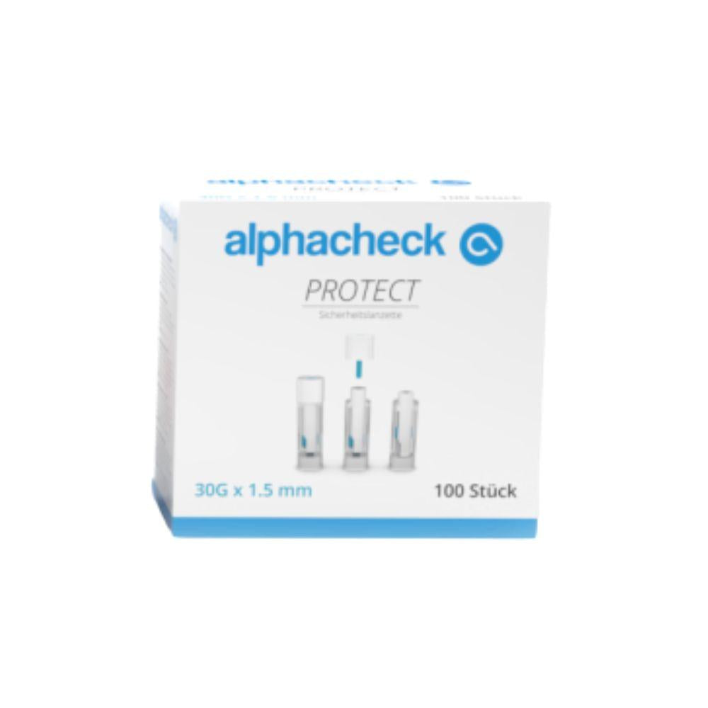Auf einer weißen Schachtel mit der Aufschrift „Alphacheck PROTECT Sicherheitslanzetten“ der Berger Med GmbH sind drei Lanzetten abgebildet, die mit der Aufschrift „30G x 1,5 mm“ und „100 Stück“ gekennzeichnet sind, was 100 Lanzetten zur schonenden Blutentnahme bedeutet.