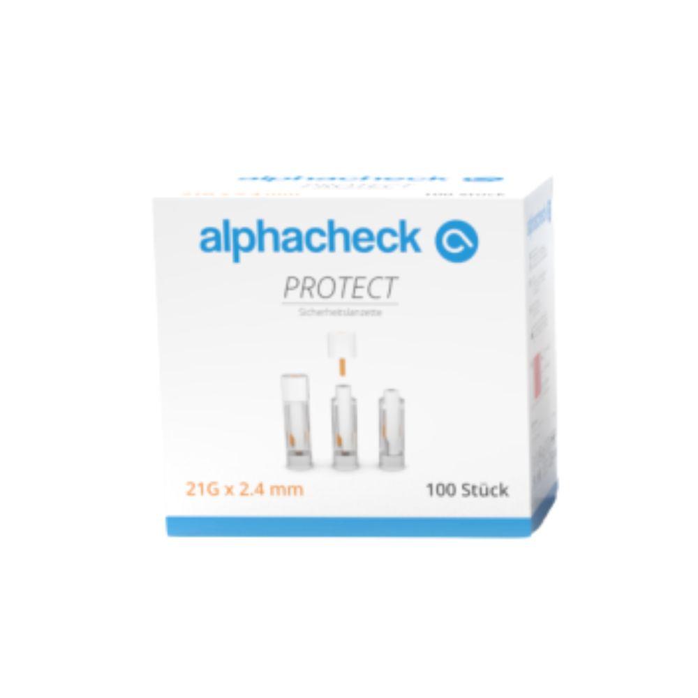 Eine weiße Box der Berger Med GmbH mit der Aufschrift „Alphacheck PROTECT Sicherheitslanzetten“ enthält 100 sterile Lanzetten (21G x 2,4mm) zur schonenden Blutentnahme, die umweltfreundliche Verpackung in Blau, Grau und Orange zeigt die Lanzetten.