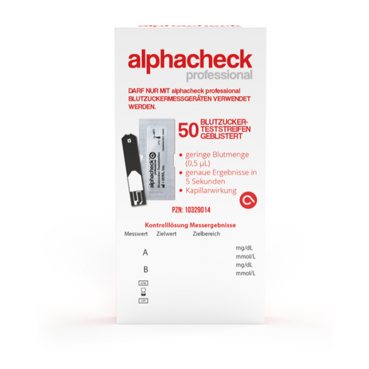 Bild einer Alphacheck Professional Blutzuckerteststreifen, geblistert | Packung (50 Stück) von Berger Med GmbH. Das Etikett auf der Vorderseite zeigt, dass es 50 Blutzuckerteststreifen enthält, und verspricht genaue Ergebnisse in 5 Sekunden durch Kapillarwirkung. Der Text ist auf Deutsch, enthält detaillierte Angaben zu Dosierung und Messung und enthält den Produktcode „PZN: 10329014“.