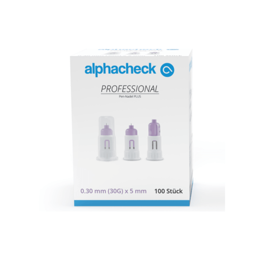 A box of Alphacheck Professional Pen Needles PLUS, various sizes, for insulin injections. The box shows a picture of the sterile needles and lists the size: 0.30 mm (30G) x 5 mm. It contains 100 pieces from Berger Med GmbH.
