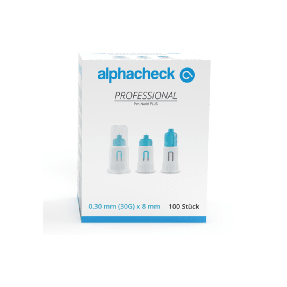 A box of Alphacheck Professional Pen Needles PLUS, various sizes. The white box with blue accents contains 100 sterile needles, 0.30 mm (30G) x 8 mm, for insulin injections. The front features images of three pen needles with text in blue and black from Berger Med GmbH.