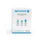 A box of Alphacheck Professional Pen Needles PLUS, various sizes. The white box with blue accents contains 100 sterile needles, 0.30 mm (30G) x 8 mm, for insulin injections. The front features images of three pen needles with text in blue and black from Berger Med GmbH.