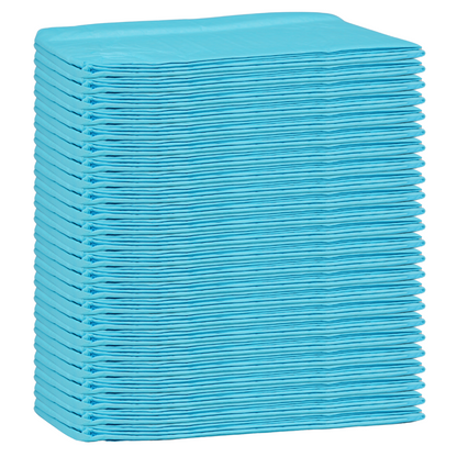 A neatly stacked pile of blue Altruan Altruflock® bed protection pads 60 x 90 cm Supersoft Extremely Absorbent | Package (25 pieces) against a white background. The hospital pads are arranged in a rectangular formation, creating a symmetrical appearance.