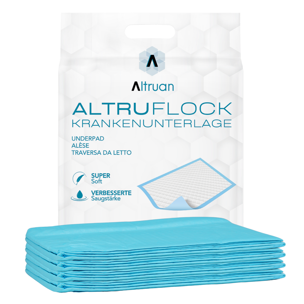 Eine Packung Altruan Altruflock® Bettschutzunterlagen 60 x 90cm Supersoft Extrem Saugfähig | Packung (25 Stück) wird angezeigt. Auf der Verpackung steht „Krankenunterlage“ und es ist eine Abbildung einer ausgefalteten Krankenunterlage zu sehen. Das Produkt zeichnet sich durch die Eigenschaften „Super Soft“ und „Verbesserte Saugstärke“ aus. Vor der Packung liegen mehrere blaue Bettschutzunterlagen.