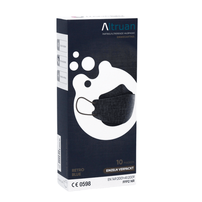 A box of Altruan designer face mask particle-filtering that meets the FFP2 standard presents itself in a stylish design with dark blue and white circle patterns. Each pack contains 10 ergonomically adapted masks with the label 'Retro Blue'.