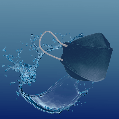 A particle-filtering Altruan designer face mask (FFP2 standard) is presented against a blue gradient background, with a swirl of water around it to convey freshness and cleanliness.