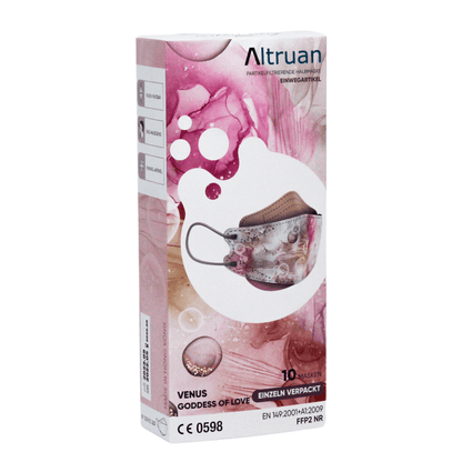 A pack of Altruan designer face mask particle-filtering (FFP2 standard) in the 'Venus Goddess of Love' design offers effective protection. The packaging is predominantly pink with abstract illustrations and meets the FFP2 standard. Inside are 10 masks, one of which features a fashionable floral pattern.